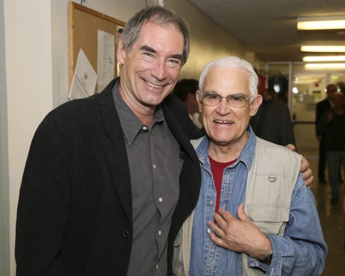 From left, actor Timothy Dalton and Bernard Lloyd pose backstage after the opening night performance of ''The Last Confession'' at the Center Theatre Group/Ahmanson Theatre on Wednesday, June 11, 2014, in Los Angeles, Calif. (Photo by Ryan Miller/Capture  at 