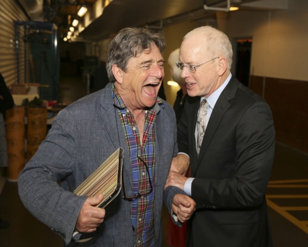 From left, cast member Richard O''Callaghan and CTG Producing Director Douglas C. Baker celebrate backstage after the opening night performance of ''The Last Confession'' at the Center Theatre Group/Ahmanson Theatre on Wednesday, June 11, 2014, in Los Ang at 