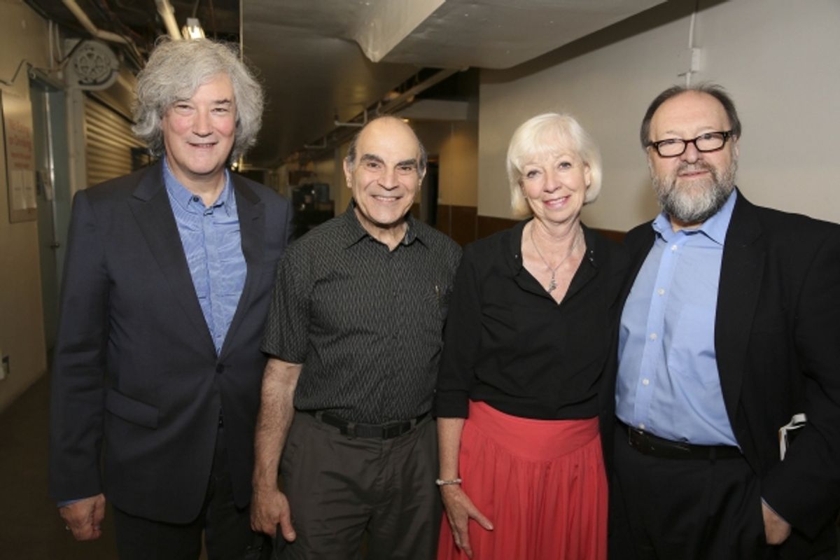 From left, producer Karl Sydow, cast members David Suchet and Sheila Ferris and producer Duncan C. Weldon pose backstage after the opening night performance of ''The Last Confession'' at the Center Theatre Group/Ahmanson Theatre on Wednesday, June 11, 201 at 