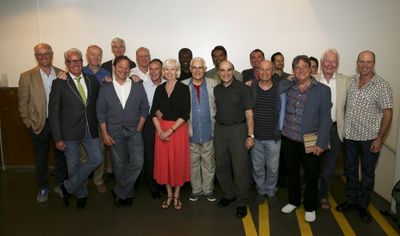 The cast pose backstage after the opening night performance of ''The Last Confession' Photo