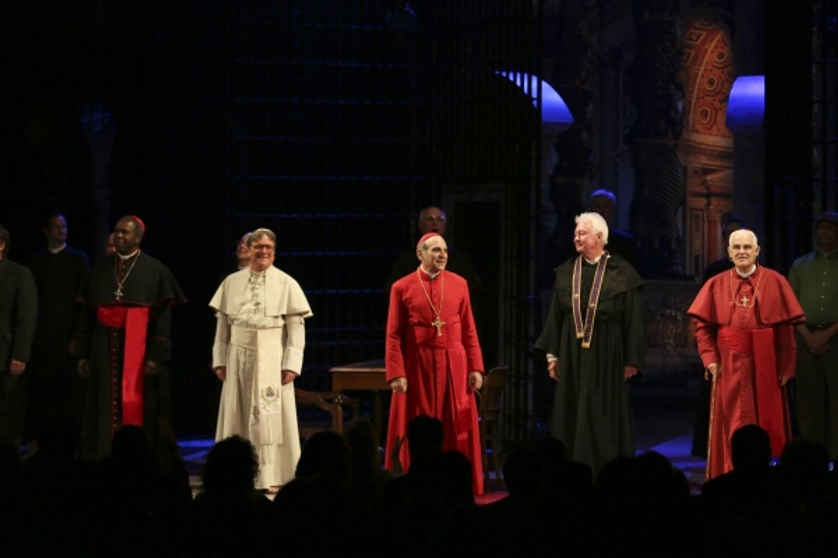 From left, cast members Roy Lewis, Richard O''Callaghan, David Suchet, Philip Craig and Bernard Lloyd take their bows during the curtain call for the opening night performance of ''The Last Confession'' at the Center Theatre Group/Ahmanson Theatre on Wedn at 