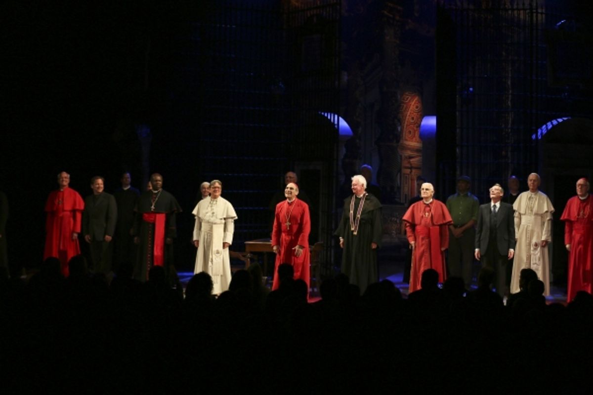 The cast take their bows during the curtain call for the opening night performance of ''The Last Confession'' at the Center Theatre Group/Ahmanson Theatre on Wednesday, June 11, 2014, in Los Angeles, Calif. (Photo by Ryan Miller/Capture Imaging) at 