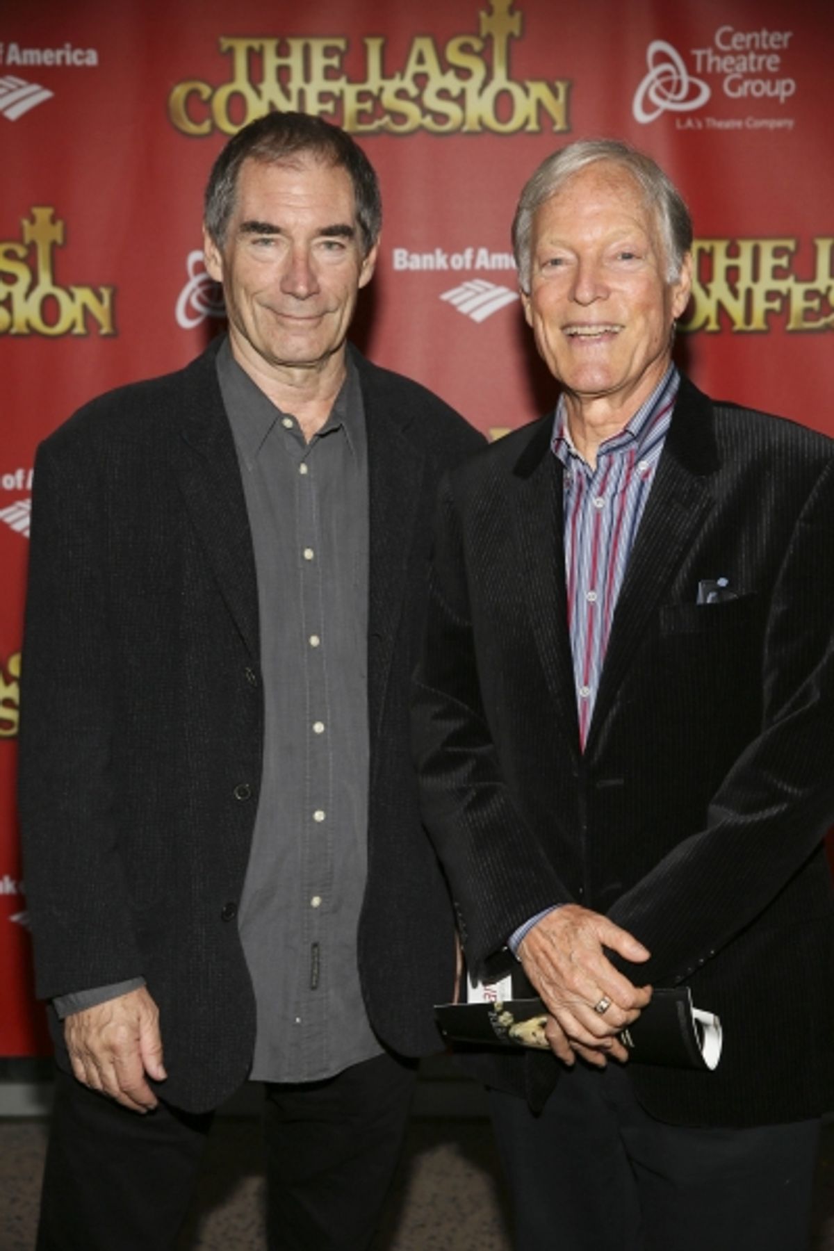 From left, actors Timothy Dalton and Richard Chamberlain pose during the arrivals for the opening night performance of ''The Last Confession'' at the Center Theatre Group/Ahmanson Theatre on Wednesday, June 11, 2014, in Los Angeles, Calif. (Photo by Ryan  at 