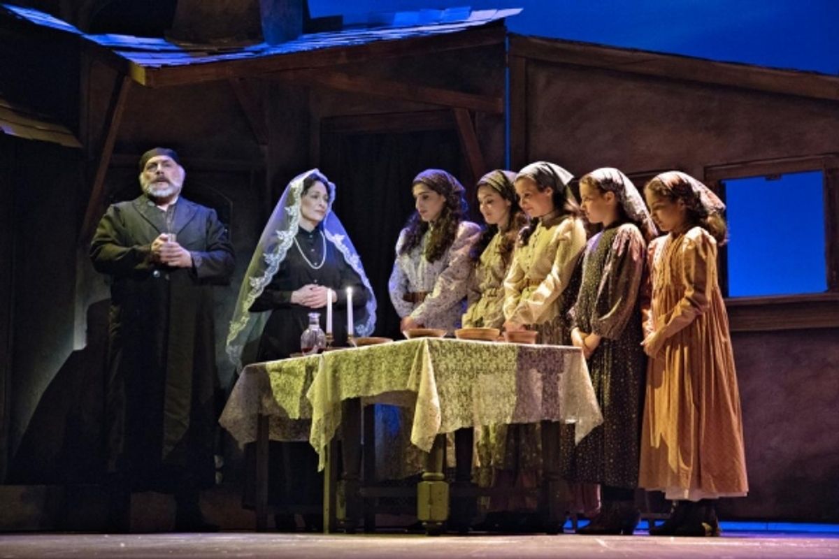 Joe Vincent as Tevye, Anne Kanengeiser as Golde and their daughters: Jennifer Apple as Tzeitel, Leah Scofield as Hodel, Christine Baglivio as Chava, Catherine Scheidel as Shprintze and Mary Frances Scheidel as Bielke. at 