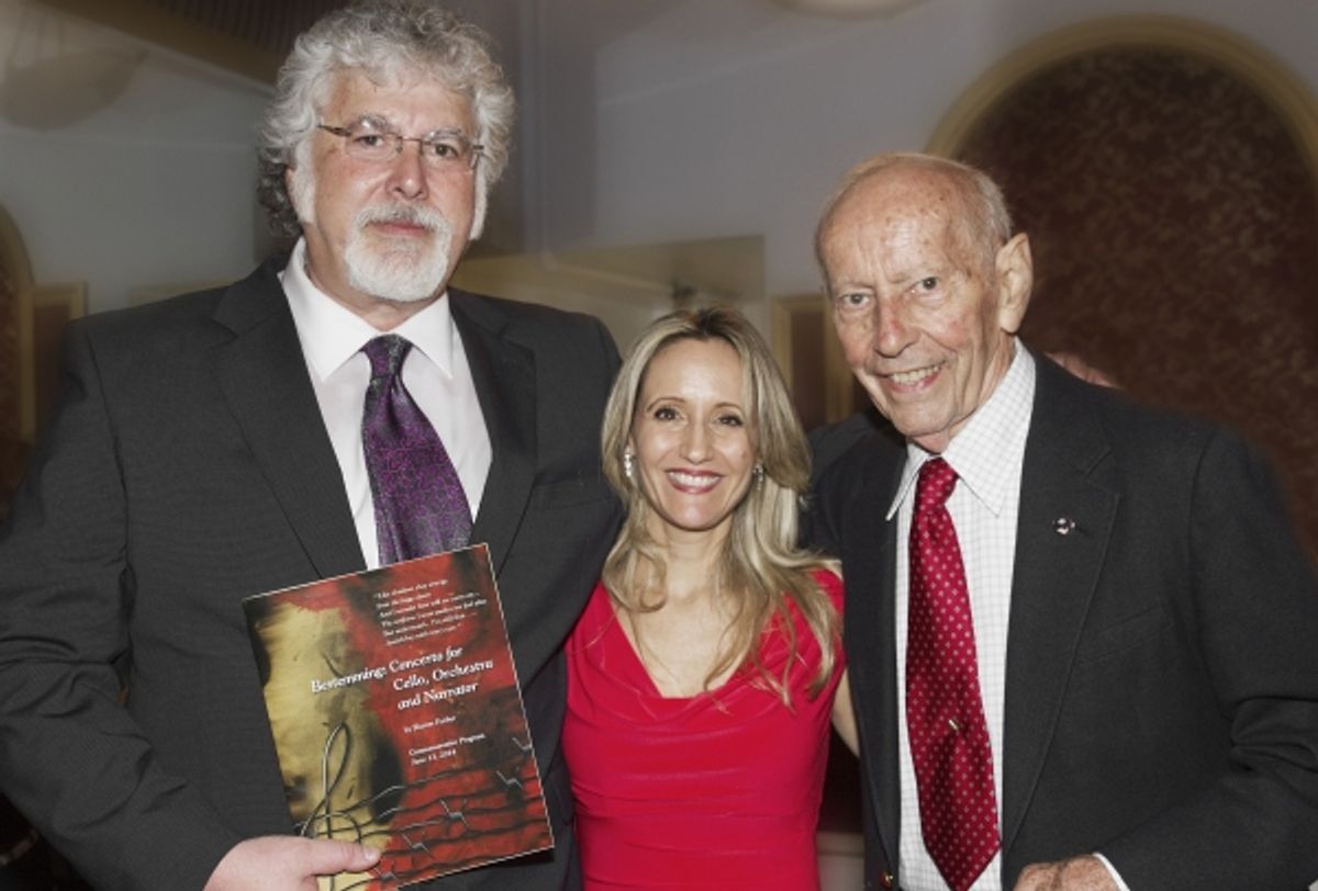Richard Stellar, Sharon Farber and Curt Lowens at An  International Evening of Music and Remembrance celebrating the Voices of   Holocaust Survivors through a performance of Sharon FarberÃ¢â‚¬â„¢s Bestemming:   Concerto for Cello, Orchestra and Narration  at 