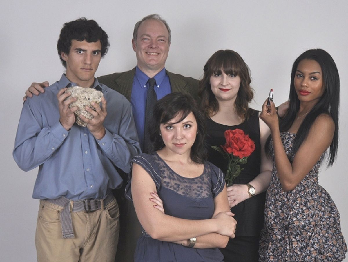 Left to right in back:  David Scott as Henry Antrobus (the son), Bill Claussen as George Antrobus (the dad), 
Taylor Pasche as Maggie Antrobus (the mother), Britley Bennett as Gladys Antrobus (the daughter).
Seated, Kimberlyn Clark as Sabina (the maid/vam at 