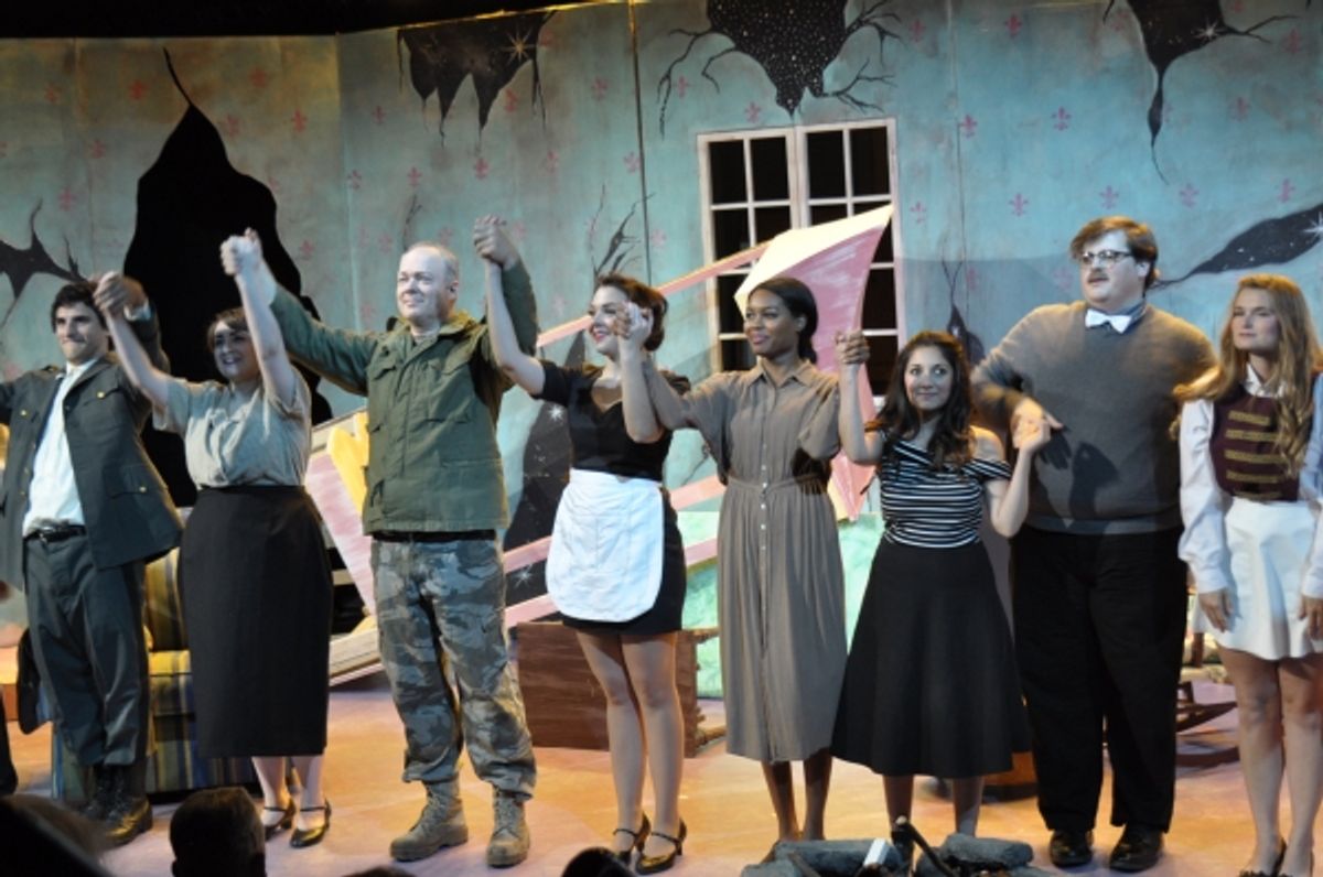 Cast members left to right: David Scott, Taylor Pasche, Bill Claussen, Kimberlyn Clark, Britley Bennett, Kristen Mancha, James Springer, Kat Stingley.  Photo by Tom Brown. at 