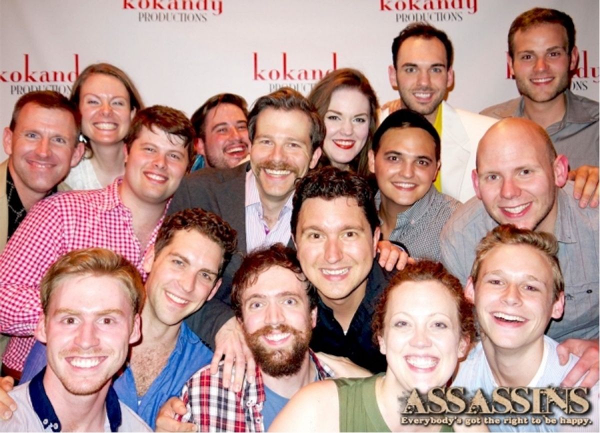 The cast and crew of Kokandy Productions'' ASSASSINS. Back Row: Mike Ford, Rachel Edwards Harvith, Kory Danielson, Tommy Bullington, Eric Lindahl, Neala Barron, Alex Heika, Patrick Brynes, Michael Potsic, Andrew Sickel. Front Row: Jeff Meyer, Nathan Garde at 