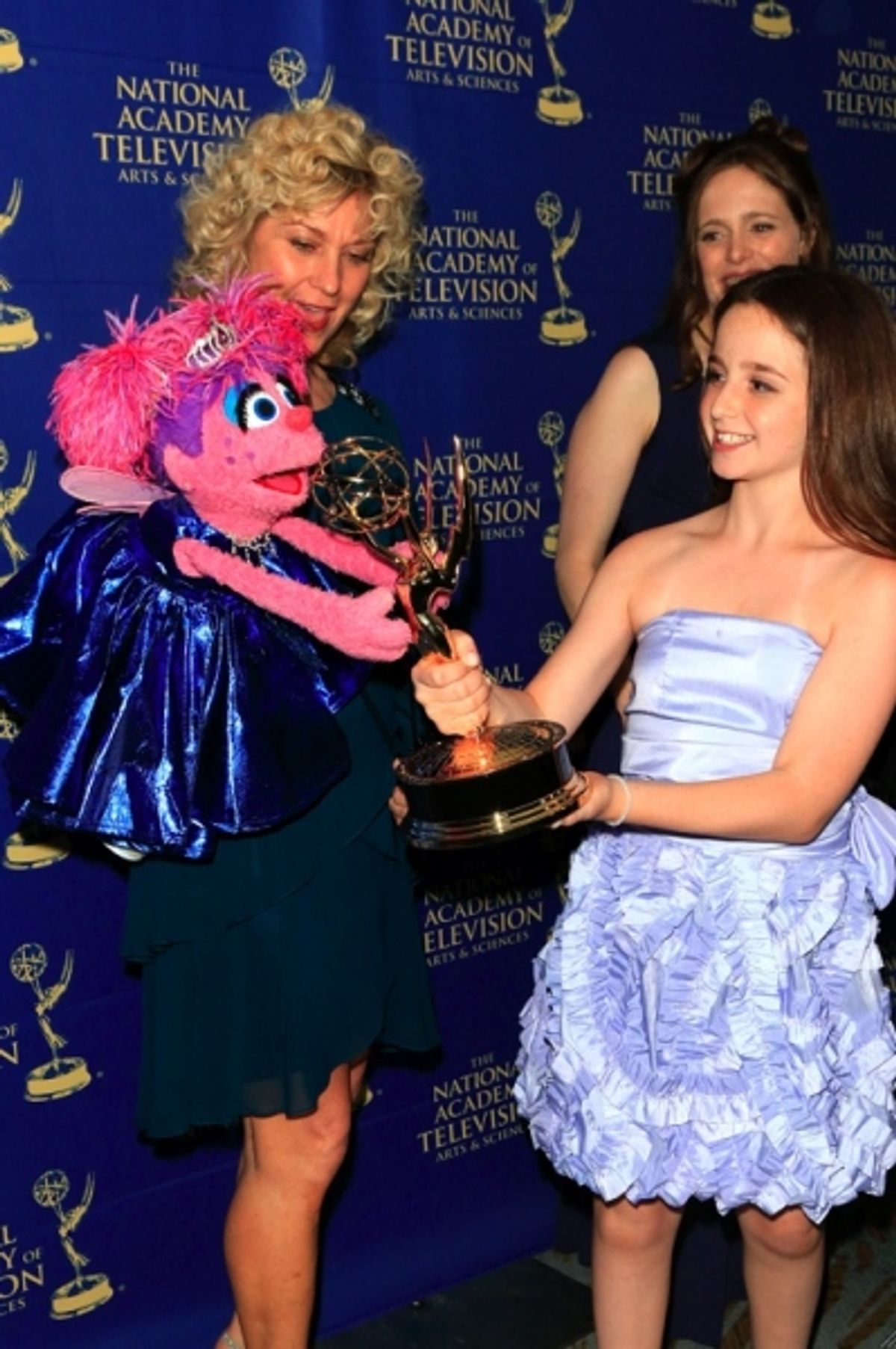 Leslie Carrara-Rudolph with Abby Cadabby and Daytime EMMY winner Hayley Faith Negrin (Peg + Cat) at 