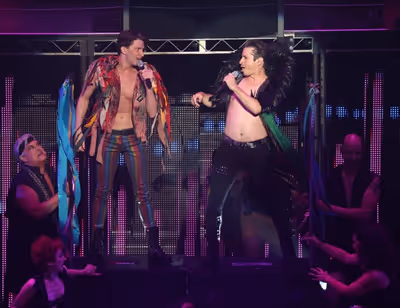 Joey Taranto and Matthew Saldivar with cast  perform in ''Rock Hard!'' Photo