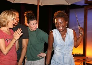 Jerry Dixon, Jenn Colella, Idina Menzel and LaChanze with the ensemble cast attend the ''If/Then'' 100th performance celebration backstage at the Richard Rodgers Theatre on June 25, 2014 in New York City. @ BroadwayWorld Jerry Dixon, Jenn Colella, Idina Menzel and LaChanze with the ensemble cast attend th Photo