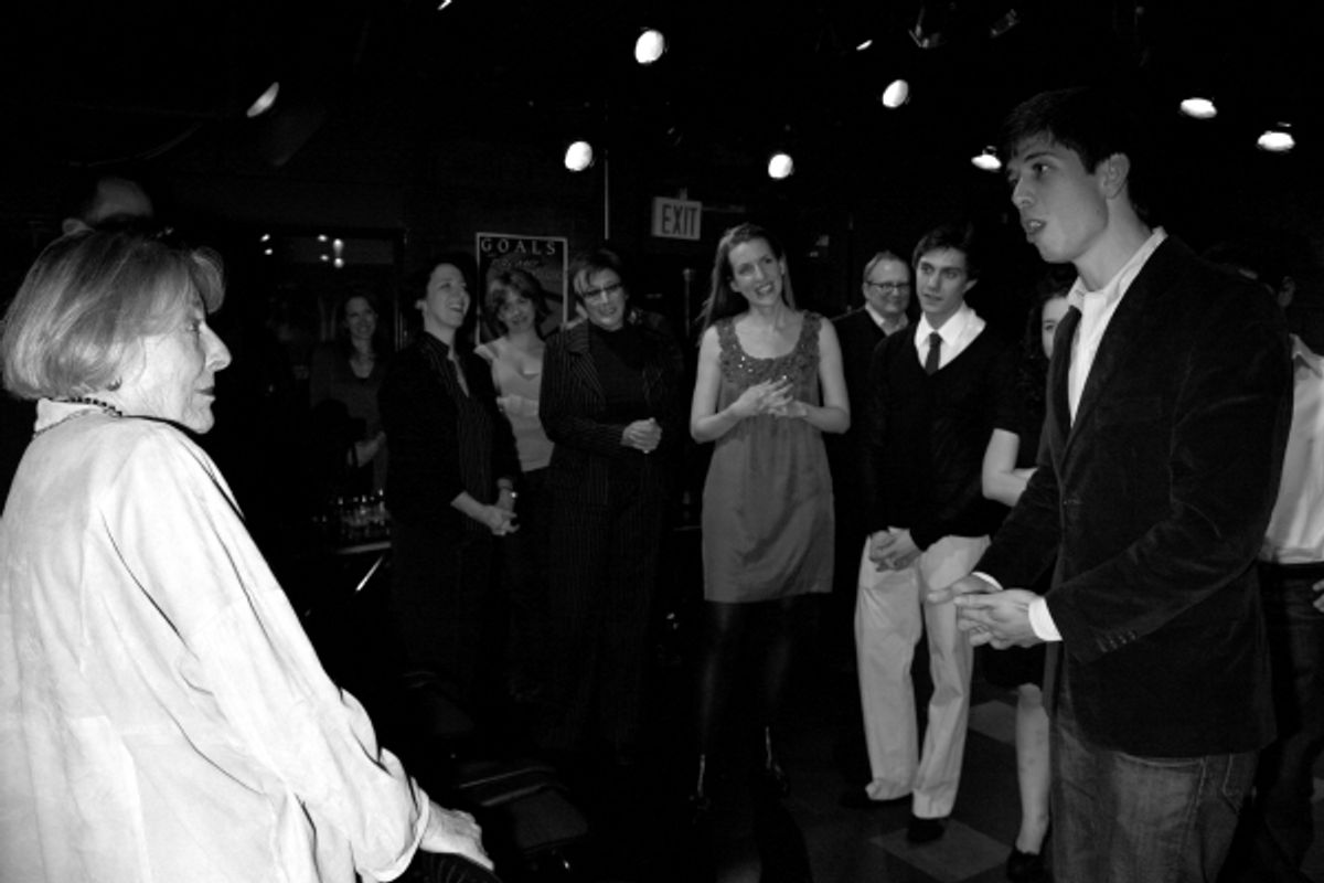 Playwright Stephen Karam geets Mary Rodgers Guettel at theOpening Night of the Roundabout Theatre Company''s Production of SPEECH & DEBATE at the Black Box Theatre in New York City. October 29, 2007  at 
