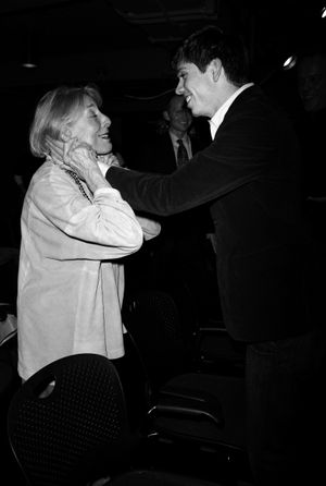 Playwright Stephen Karam geets Mary Rodgers Guettel at the Opening Night of the Round Photo