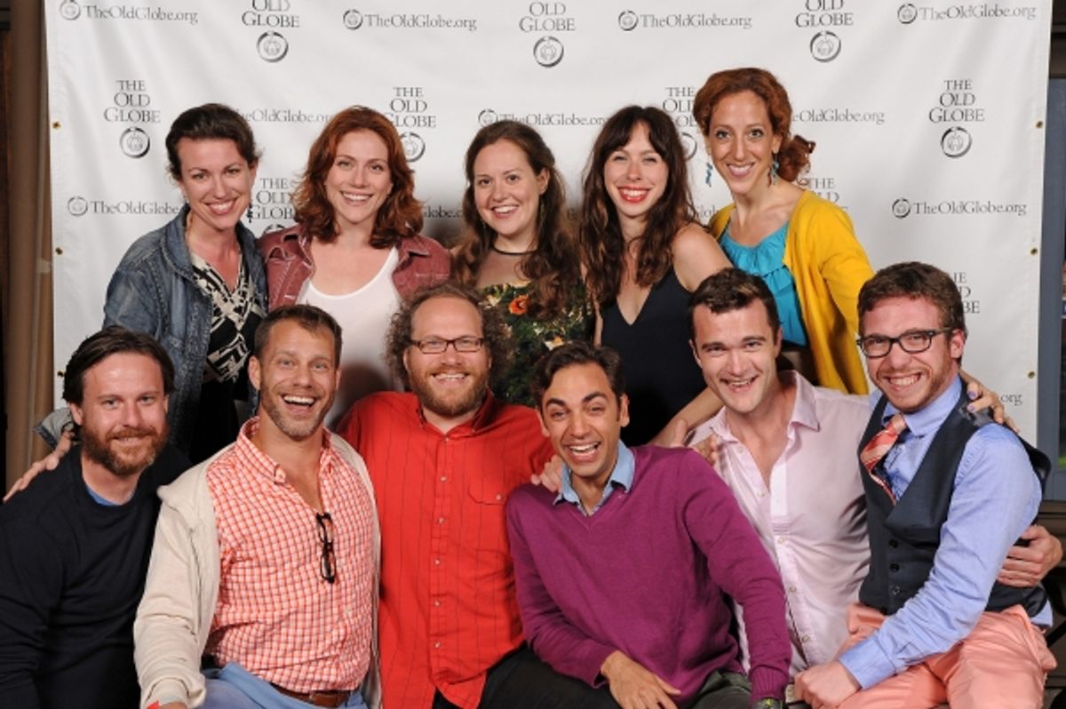 The company of The Old Globe''s production of Fiasco Theater''s Into the Woods at the opening night party for Othello on Saturday, June 28, 2014: (back row, from left) Cast members Liz Hayes, Jessie Austrian, Claire Karpen, Emily Young, and Alison Cimmet; at 