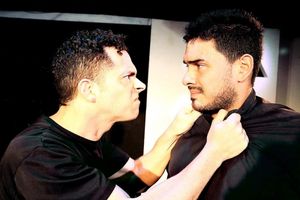 Rougher Stuff â€â€" Mitch (Aaron Echegaray), confronts Joe (Jose Luis Rivera) about his recent criminal activity. @ BroadwayWorld Rougher Stuff â€â€" Mitch (Aaron Echegaray), confronts Joe (Jose Luis Ri Photo