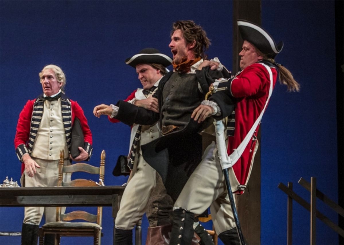 The British soldiers (left to right, John Little, Jeffrey Allen Sneed, and Sheffield Chastain) must restrain a fiery Richard Dudgeon (James Knight).  at 