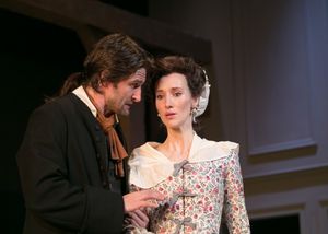 Richard Dudgeon (James Knight) counsels Judith Anderson (Elizabeth A. Davis) as the military tensions rise in the town. @ BroadwayWorld Richard Dudgeon (James Knight) counsels Judith Anderson (Elizabeth A. Davis) as the m Photo