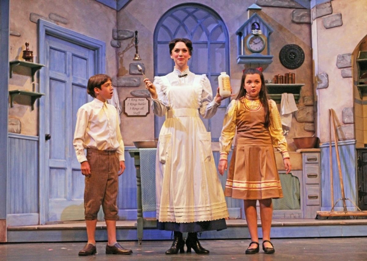 Nolan Lyons (Michael Banks), Gail Bennett (Mary Poppins) and Alison Cordaro (Jane Banks) sing ''A Spoonful of Sugar'' at 