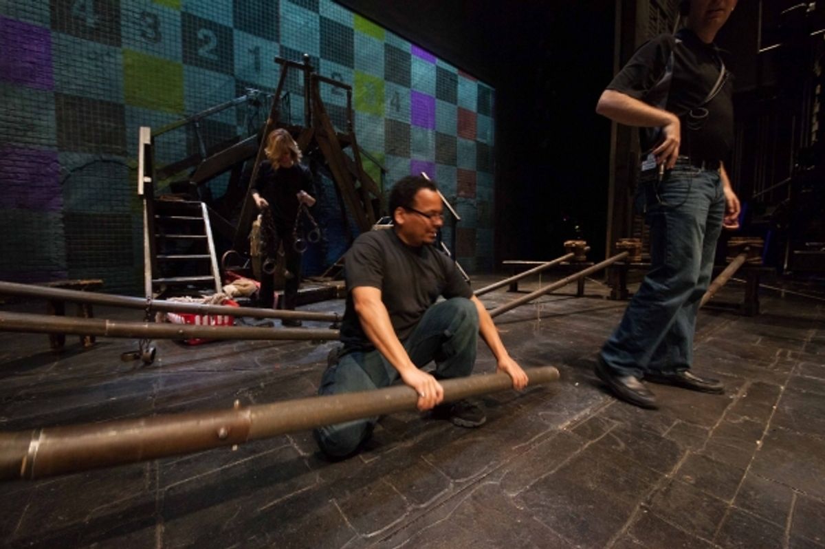 Left to Right Ã¢â‚¬â€�" House Props Head Heidi Brown, Production Properties Head Edward De Jesus, Head Carpenter Chad Woerner ready the set for the opening number. Photo by Max Gordon Photography. at 