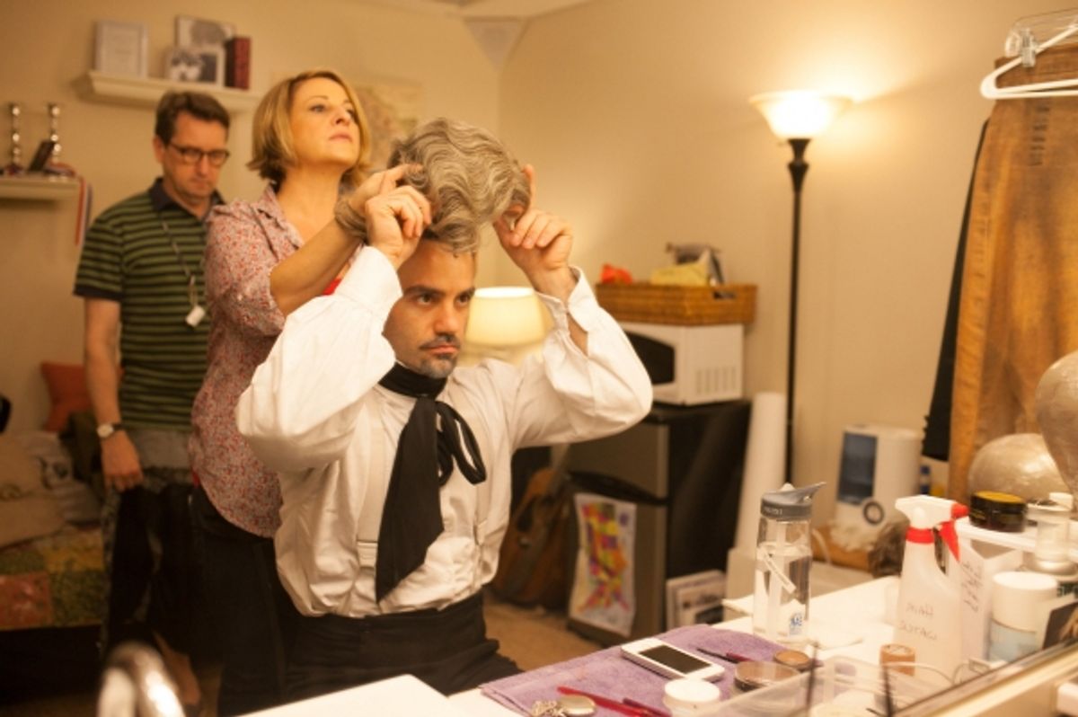 Dresser Lyle Jones watches on as Hair Supervisor Susan Corrado wigs Ramin Karimloo for a pivotal scene. Photo by Max Gordon Photography. at 