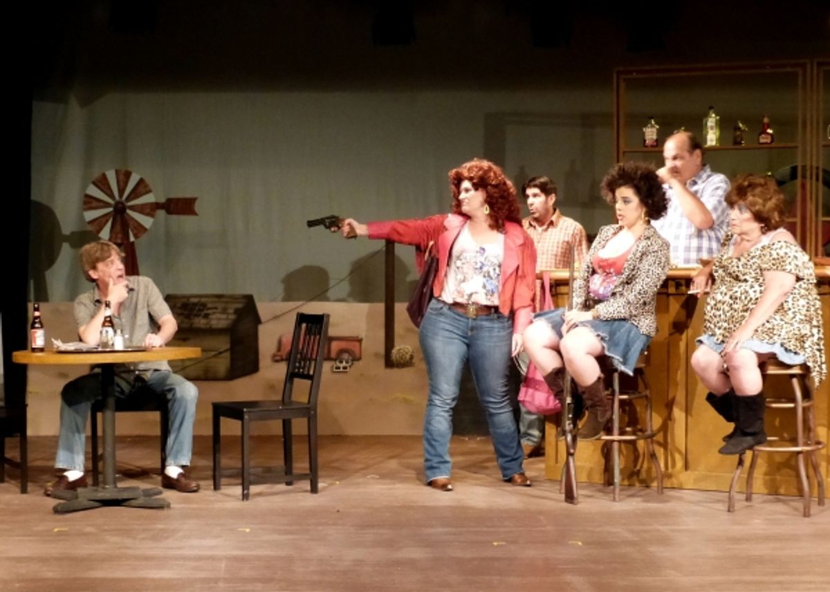 Noleta takes revenge on her cheating husband. (from left) Harold Dershimer, Elizabeth A. Bouton, Eduardo Mora, Samantha Barrios, Dave Parke, Kip Hogan at 