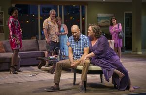 Regine (Karen Aldridge), Gary (Keith Kupferer), Teri (ensemble member Kate Arrington), Chris (Greg Stuhr), Deb (Kirsten Fitzgerald) and Kristy (Diane Davis) @ BroadwayWorld Regine (Karen Aldridge), Gary (Keith Kupferer), Teri (ensemble member Kate Arrington) Photo