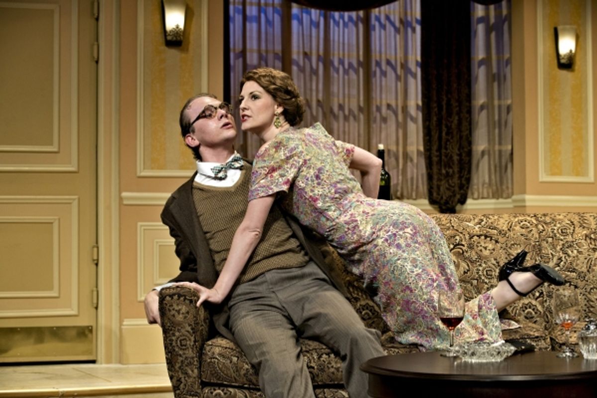 Max, the assistant at the Cleveland Grand Opera Company, played by Jacob Dresch, left, tries to cover for a missing tenor to Diana, the soprano scheduled to practice with him, played by Eleanor Handley at 