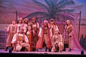 Joseph’s brothers are jealous of his fine attire. Standing, from left to right, Tanner Pflueger, Alexander H. Miller, Julian Ramos, Wonza Johnson, Kevin Clay, Daryl Tofa, Matthew Borchers; kneeling, Michael Graceffa, Caleb Dicke, Jacob Chancellor) @ BroadwayWorld Joseph’s brothers are jealous of his fine attire. Standing, from lef Photo