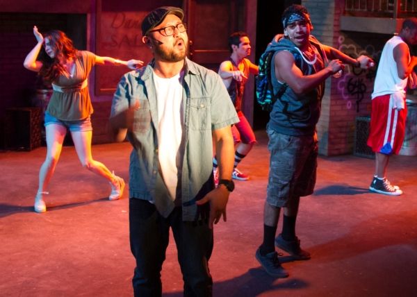 Joshua Lopez as Usnavi with ensemble members Monika Pena, Bryan A. Martinez, Izzy Per Photo