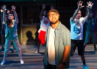 Joshua Lopez as Usnavi with ensemble members Sarah Pierce, Fabio Antonio and Ruben Ca Photo