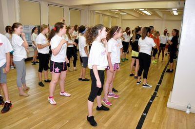 Sue Delano teaching a routine to the Camp Broadway Kids Photo
