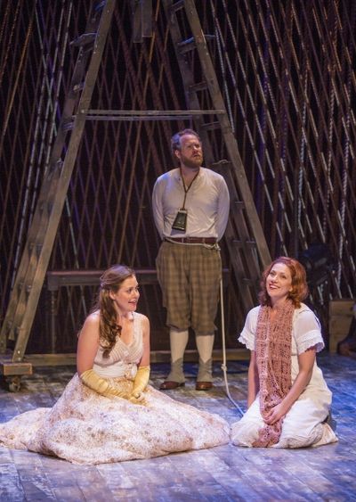 Claire Karpen as Cinderella, Andy Grotelueschen as Milky White, and Jessie Austrian a Photo