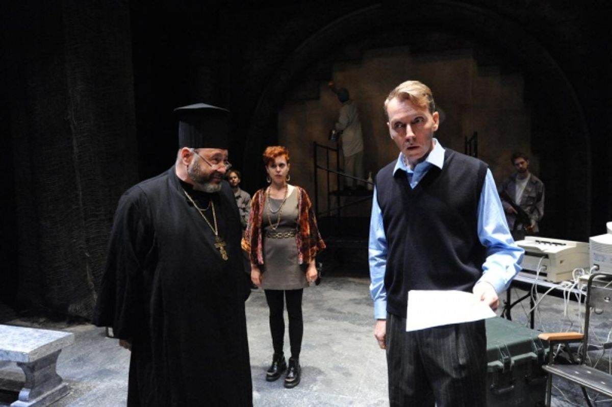 Lawrence Nathanson as Father Sergei Bojovic, Tosca Giustini as Gabriella Pecs, Jonathan Tindle as Oliver Davenport at 