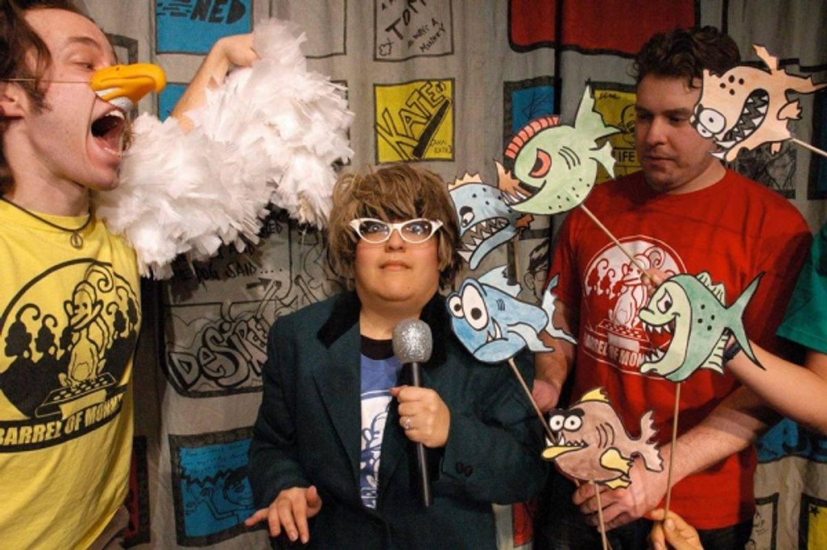 Barrel of Monkeys company members Caleb Probst, Elizabeth Levy and Jeff Trainor  perform ''Piranhas Should Not Exist''. at 