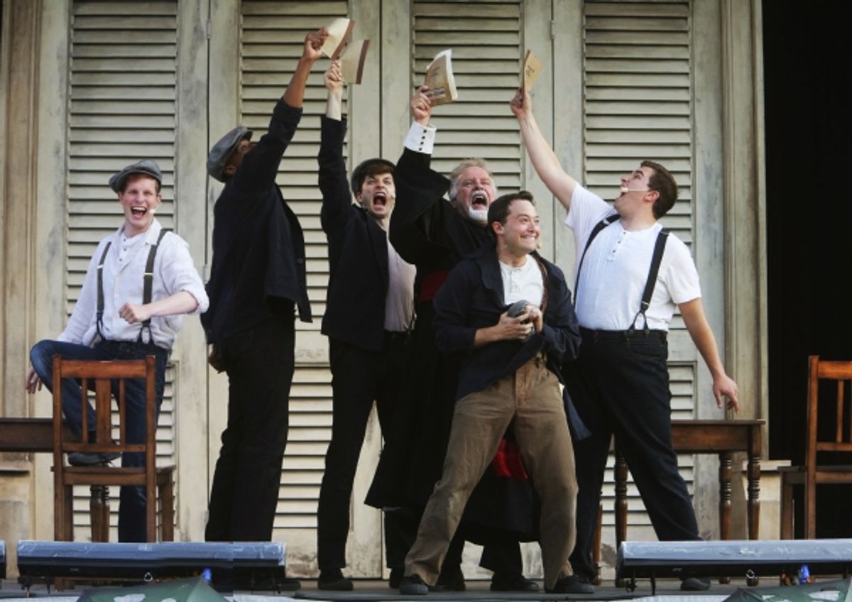 Bottom (Bernard Balbot, at center) eagerly leads the Mechanicals (left to right: Michael Finley, Justin Cornwell, Wesley Daniel, Don Forston, Max Fabian) in putting on a play for TheseusÃ'Â¢Ã¯Â¿Â½Ã¯Â¿Â½ nuptials at 