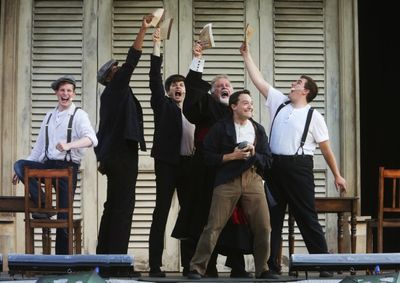 Bottom (Bernard Balbot, at center) eagerly leads the Mechanicals (left to right: Mich Photo