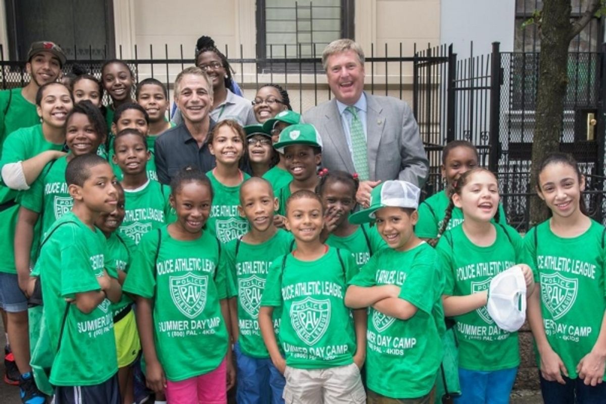 NYC Youngsters gather with new PAL Board Member Tony Danza and PAL President John Osborn at the opening of the 2014 Summer Playstreets Program. at 