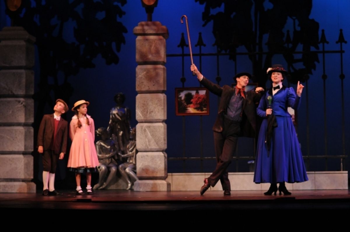 Bert (Patrick Clealand RosÃ'Â©) and Mary Poppins (Catharine Kay) with Jane (Ella Schnoor) and Michael (Tyson Francis) in the Park at 