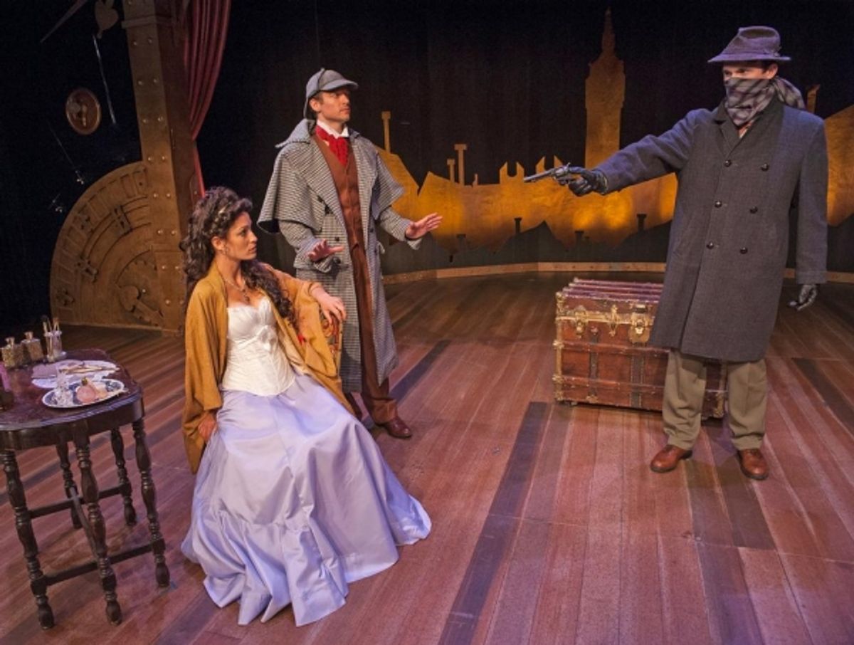 Danielle Shimsoni as Lillie Langtry, Nate Washburn as Sherlock Holmes and Luke Bond as John Smythe at 