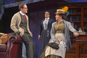 Anthony Fusco as Henry Higgins, Catherine Castellanos as Mrs. Pearce, and Irene Lucio Photo