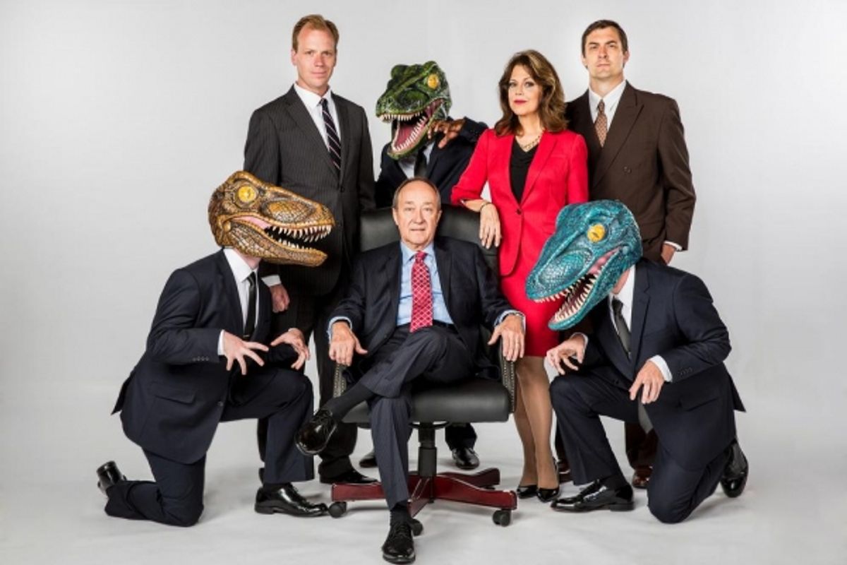 Back row L-R: Matthew Pyle as Jeffrey Skilling, Lamar Brown as Raptor, Connie Lee as Claudia Roe, Chris Shonka as Andy Fastow; Front row L-R: Jon Roberson as Raptor, Paul Schneider as Ken Lay, Steve Hartman as Raptor at 