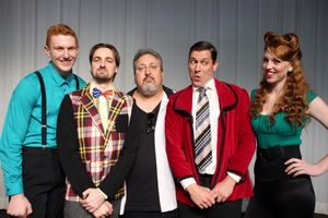 Glenn Wallis (Zubrick, left), Shaun Griffin (Narrator), Pat McMahon (Professor Leader), Gary De-Vries (Fred Bunson) and Kate Lloyd (Yoni) @ BroadwayWorld Glenn Wallis (Zubrick, left), Shaun Griffin (Narrator), Pat McMahon (Professor Leader Photo