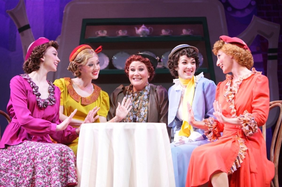 Colorful 1930s show veterans introduce newcomer Peggy Sawyer to Broadway traditions at the Gypsy Tea Kettle. Left to right, Phyllis (Katie Wesler), Lorraine (Becca Petersen), Maggie Jones (Patty Reeder), Peggy Sawyer (Tessa Grady) and Anytime Annie (Amy B at 