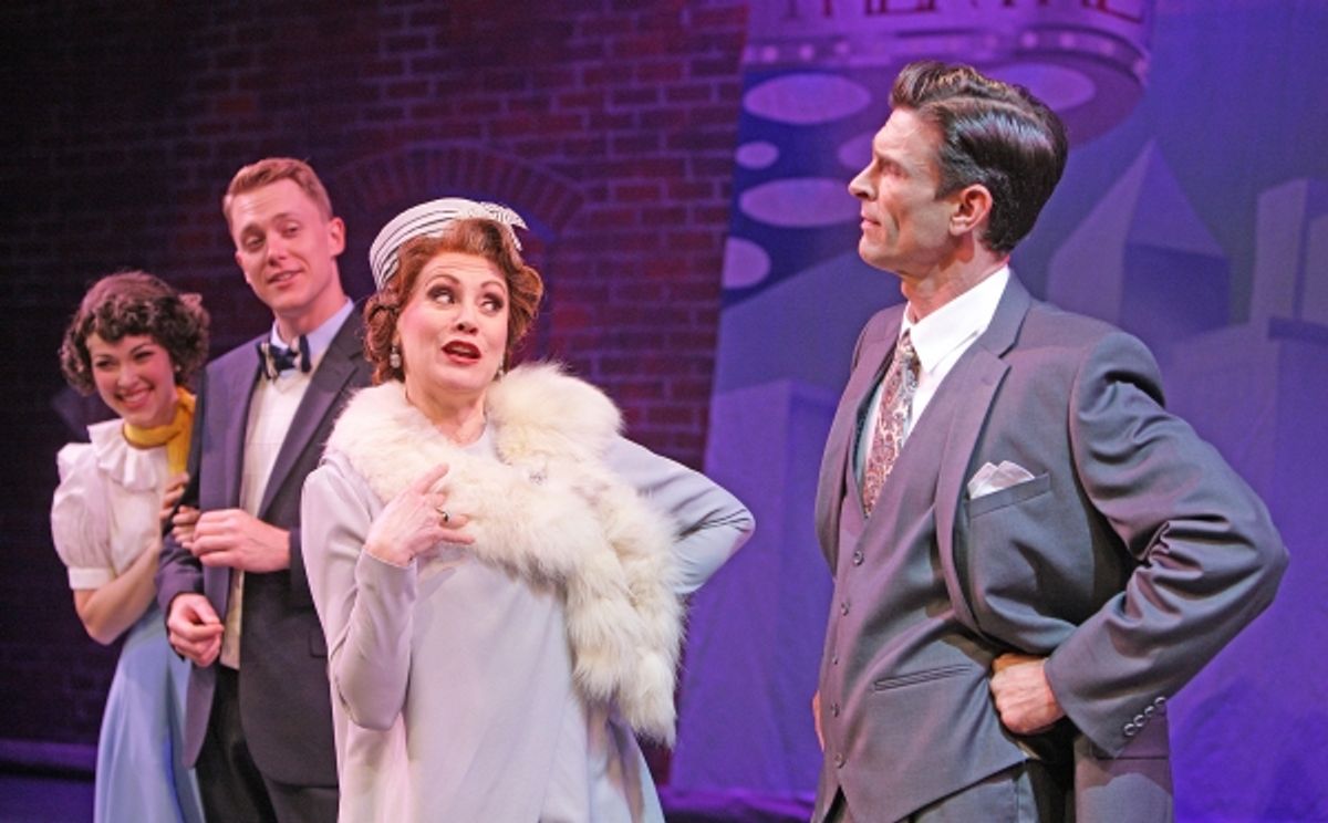 Broadway diva Dorothy Brock (Tracy Lore) lays down the law to producer Julian Marsh (Damon Kirsche) as Peggy Sawyer (Tessa Grady) and Billy Lawlor (Shonn Wiley) eavesdrop at 