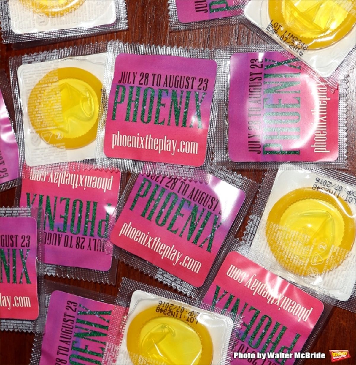 Branded Condoms at the Opening Night Performance of ''Phoenix'' starring Julia Stiles and James Wirt at the Cherry Lane Theatre on August 7, 2014 in New York City. at 