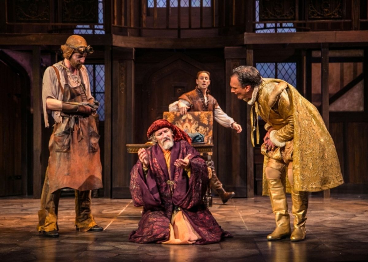 Jon Barker, left) and Subtle (Bruce Cromer, center) bait the haughty Sir Epicure Mammon (Brent Harris, right) as the skeptical Pertinax Surly (Kevin Isola at 