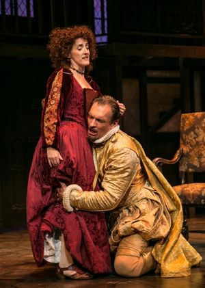 Aedin Moloney, disguised as a fine lady, baits an infatuated Sir Epicure Mammon (Brent Harris @ BroadwayWorld Aedin Moloney, disguised as a fine lady, baits an infatuated Sir Epicure Mammon (Bren Photo