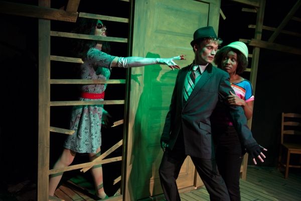 Ryan Lanning as Other Mother, Kevin Webb as Cat, Sheridan Singleton as Coraline.  Photo