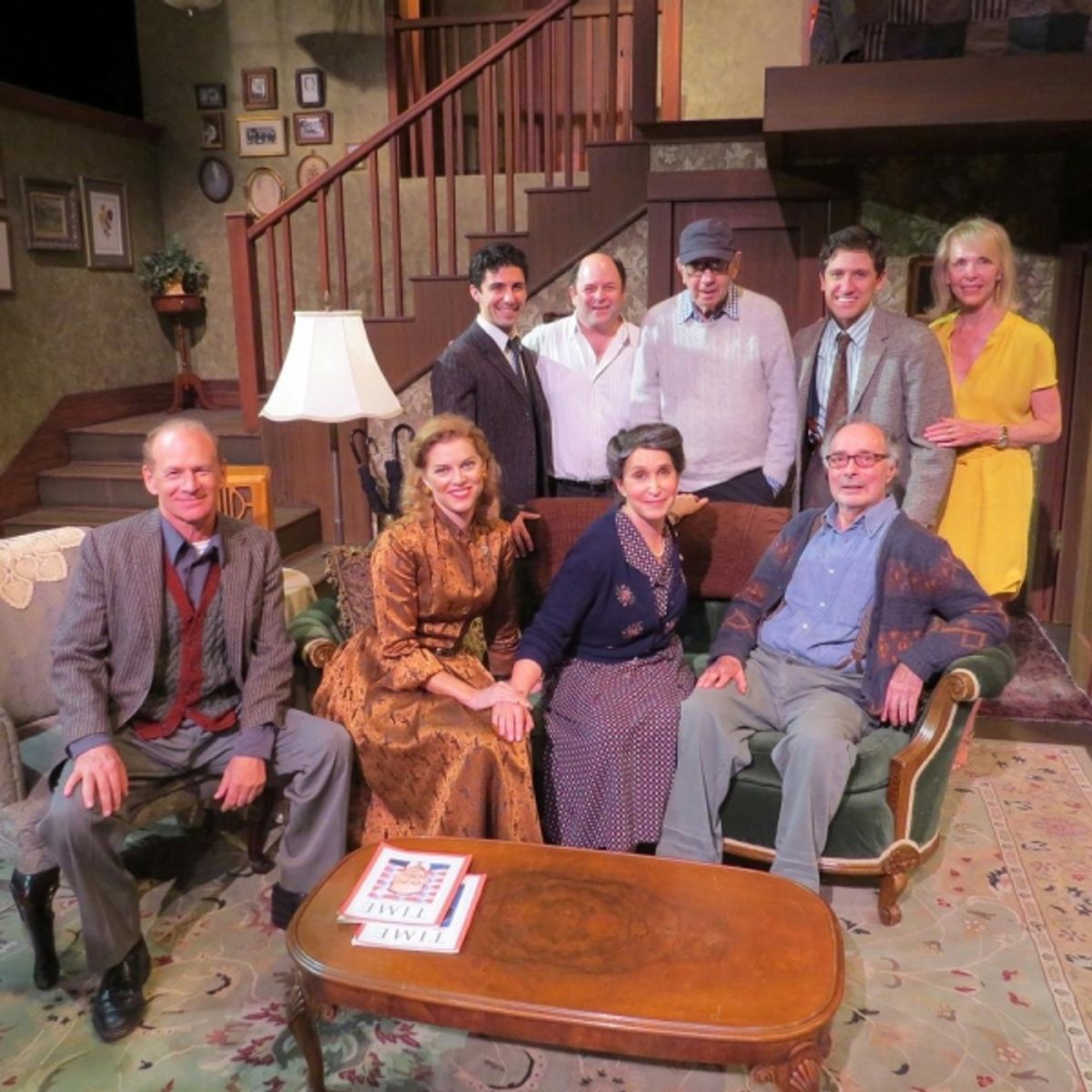 Neil Simon and Elaine Joyce with Jason Alexander and the cast on the set of Broadway Bound. (Rear: Noah James, Jason Alexander, Neil Simon, Ian Alda, Elaine Joyce Front: Michael Mantell, Betsy Zajko, Gina Hecht, Allan Miller Set by Bruce Goodrich) at 