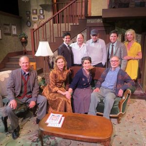 Neil Simon and Elaine Joyce with Jason Alexander and the cast on the set of Broadway Bound. (Rear: Noah James, Jason Alexander, Neil Simon, Ian Alda, Elaine Joyce Front: Michael Mantell, Betsy Zajko, Gina Hecht, Allan Miller Set by Bruce Goodrich) @ BroadwayWorld Neil Simon and Elaine Joyce with Jason Alexander and the cast on the set of Broadway Photo